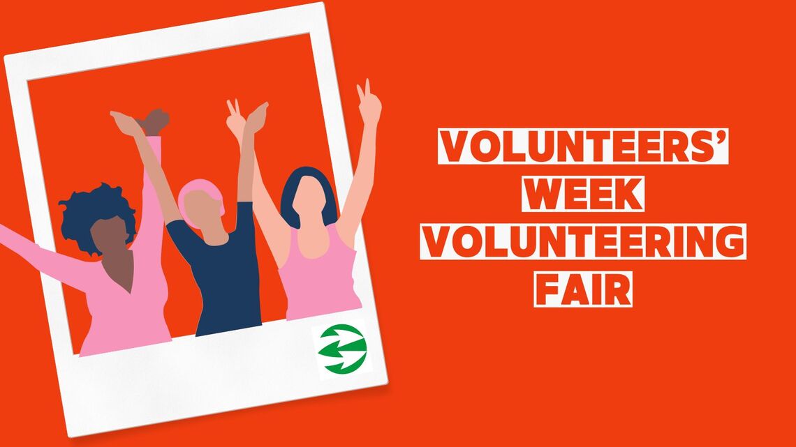 Cartoon people standing up with arms raised next to words 'Volunteers' Week Volunteering Fair. Book now'